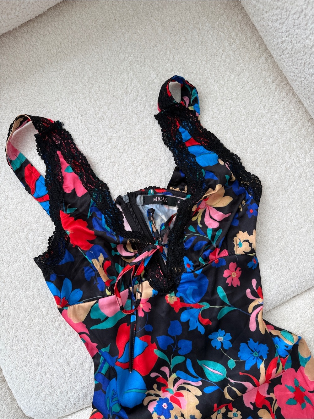 Floral Satin Maxi Dress with Lace Trim in Black Multi
